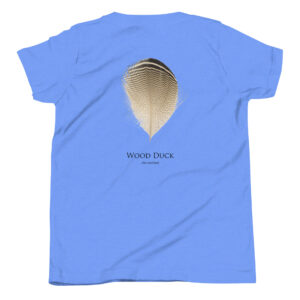 Blue T-shirt featuring wood duck feather design