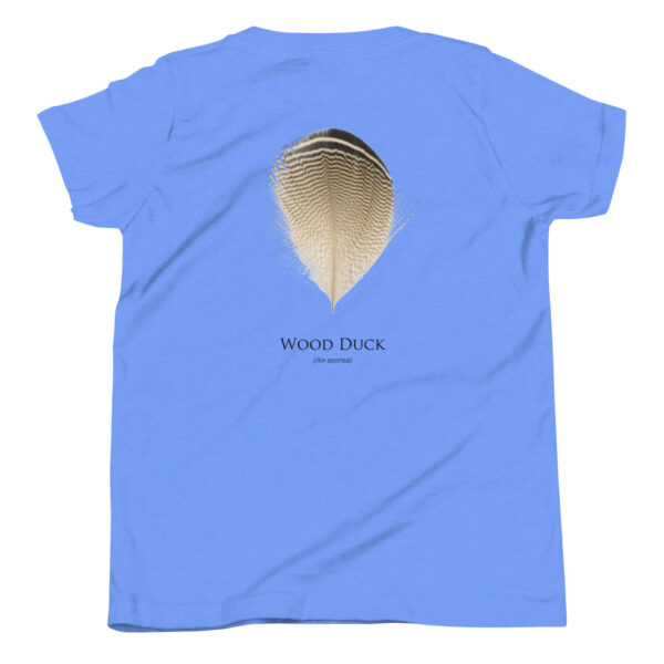 Blue T-shirt featuring wood duck feather design