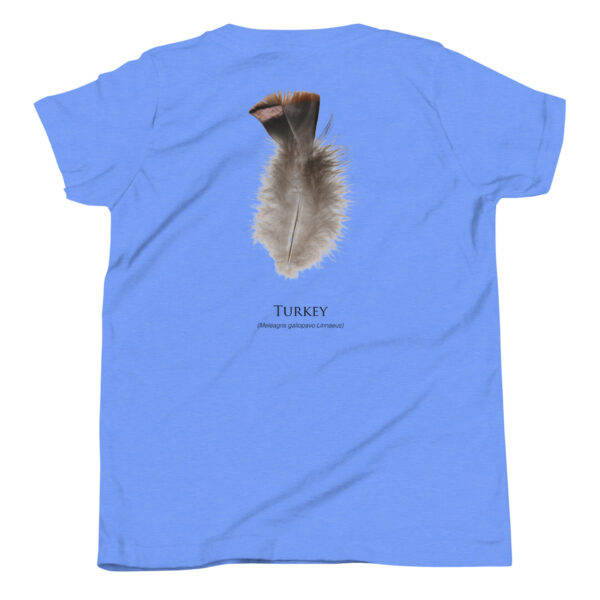 youth-staple-tee-heather-columbia-blue-back-69a6e84d8a1c1.jpg Blue T-shirt with turkey feather design.