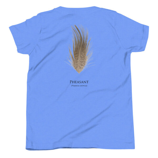 youth-staple-tee-heather-columbia-blue-back-69a6e9c315400.jpg Blue shirt with pheasant feather design