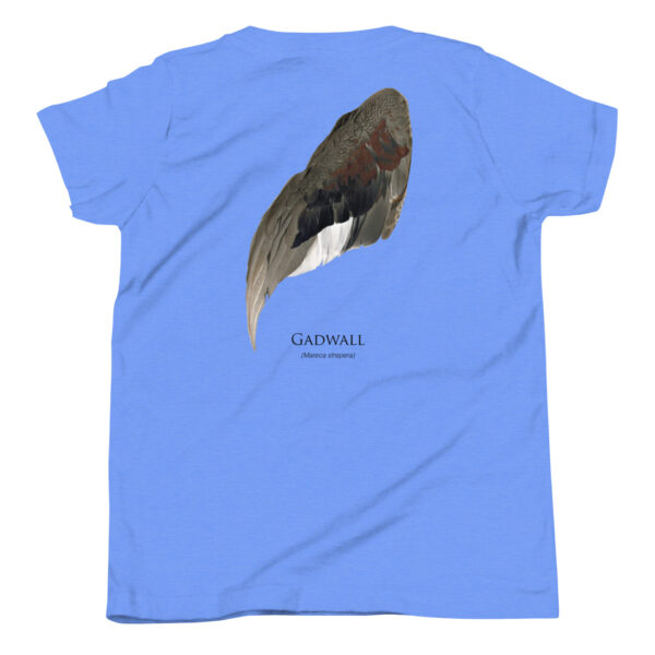 youth-staple-tee-heather-columbia-blue-back-69a6eb04544fa.jpg Blue shirt with gadwall wing design.
