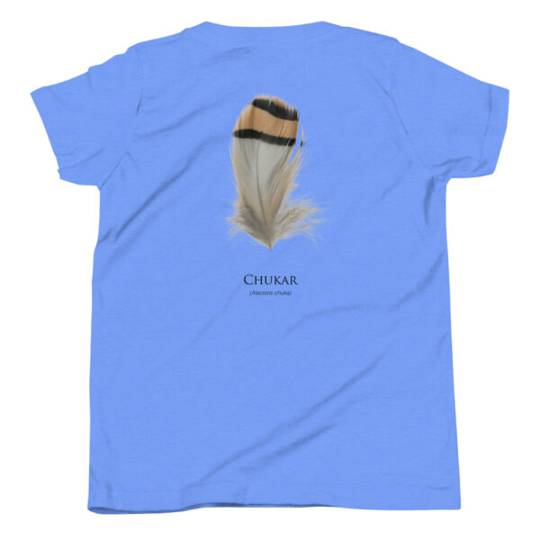 youth-staple-tee-heather-columbia-blue-back-69a6ebb19813f.jpg Blue t-shirt with Chukar feather design