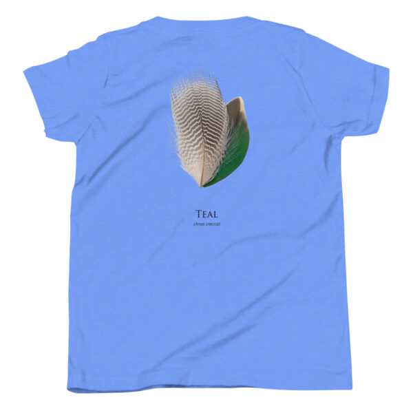 Blue t-shirt with teal feather design.