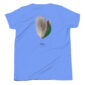 Blue t-shirt with teal feather design.