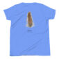 Blue shirt with quail feather illustration.