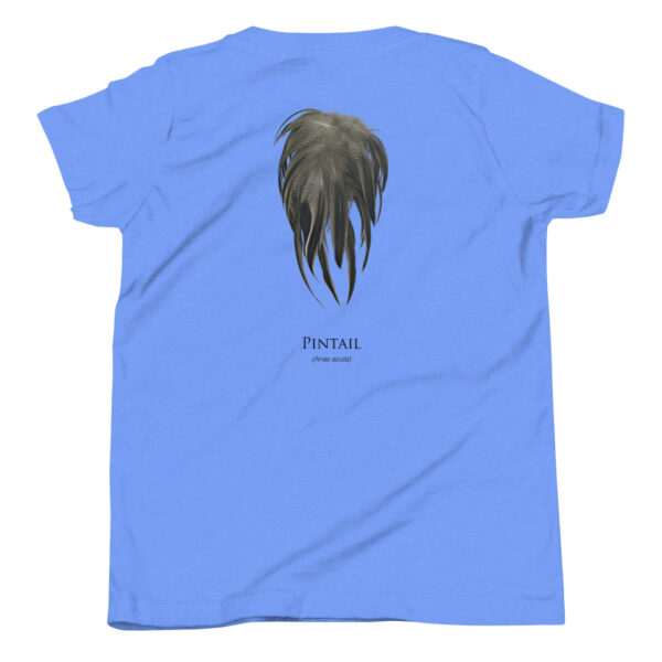 youth-staple-tee-heather-columbia-blue-back-69a6ee820353c.jpg Blue t-shirt with pintail feather design.