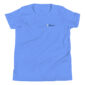 Blue T-shirt with small feather logo design.
