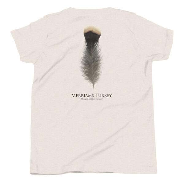 youth-staple-tee-heather-dust-back-69a6dc4b66e62.jpg T-shirt featuring Merriam's turkey feather design.