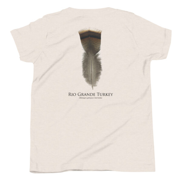 youth-staple-tee-heather-dust-back-69a6de9887453.jpg Shirt with Rio Grande Turkey feather design.