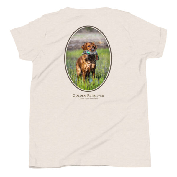 youth-staple-tee-heather-dust-back-69a6e1bcbcc26.jpg Golden Retriever with a duck design on T-shirt