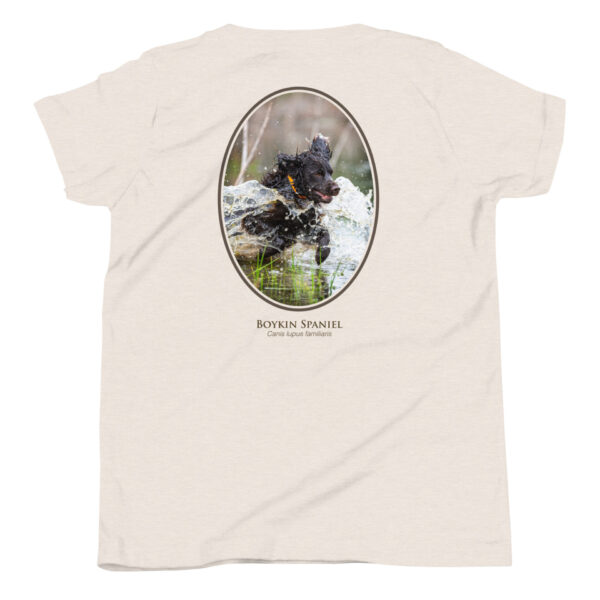 youth-staple-tee-heather-dust-back-69a6e26fa070c.jpg Boykin Spaniel jumping through water on shirt.