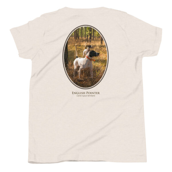 youth-staple-tee-heather-dust-back-69a6e3e7b8ec9.jpg T-shirt featuring English Pointer dog illustration.
