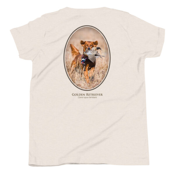 youth-staple-tee-heather-dust-back-69a6e52c16e5a.jpg Golden Retriever with pheasant on beige t-shirt