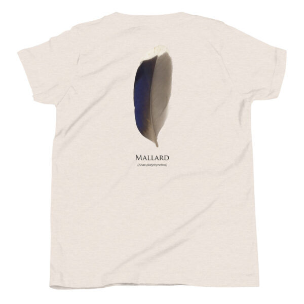 youth-staple-tee-heather-dust-back-69a6e90bce964.jpg Mallard feather printed on white T-shirt back
