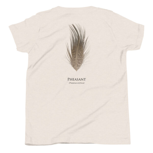 youth-staple-tee-heather-dust-back-69a6e9c315477.jpg T-shirt with pheasant feather illustration.