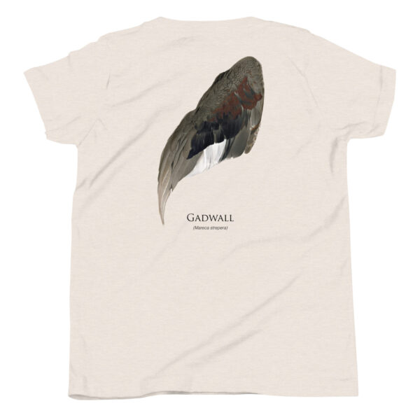 youth-staple-tee-heather-dust-back-69a6eb045458b.jpg Gadwall bird wing illustration on beige t-shirt.