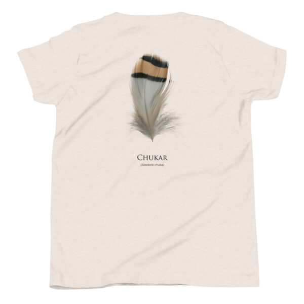 youth-staple-tee-heather-dust-back-69a6ebb1981bb.jpg Chukar feather t-shirt design on beige fabric