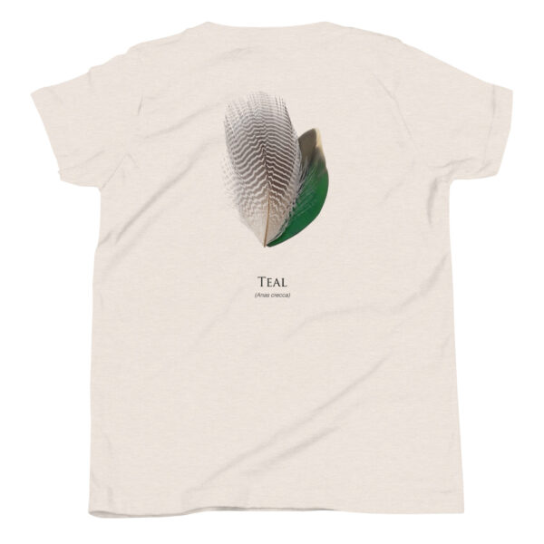 youth-staple-tee-heather-dust-back-69a6ed038f7ca.jpg T-shirt with teal feather design