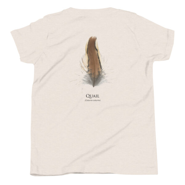 youth-staple-tee-heather-dust-back-69a6ed9fbc60b.jpg T-shirt with quail feather illustration and name.