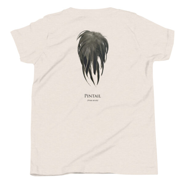 youth-staple-tee-heather-dust-back-69a6ee82035b1.jpg T-shirt with pintail feather design.