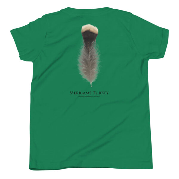 youth-staple-tee-kelly-back-69a6dc4b66f27.jpg Green shirt with Merriam's Turkey feather design.