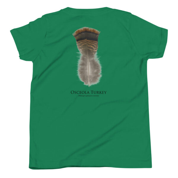 youth-staple-tee-kelly-back-69a6ddb0601e1.jpg Green shirt with Osceola turkey feather design.