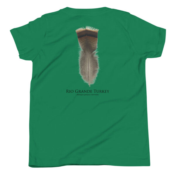 youth-staple-tee-kelly-back-69a6de98874c6.jpg Green T-shirt with Rio Grande turkey feather design.