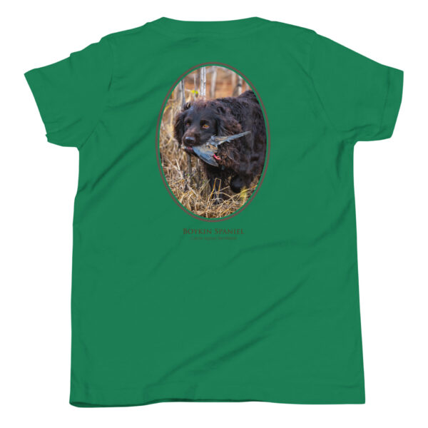 youth-staple-tee-kelly-back-69a6e10fe3b10.jpg Green shirt with Boykin Spaniel graphic design.