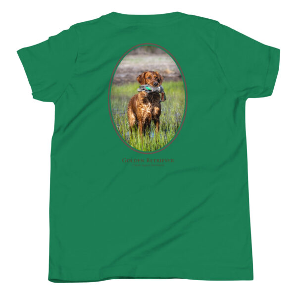 youth-staple-tee-kelly-back-69a6e1bcbcc98.jpg Green shirt with Golden Retriever design