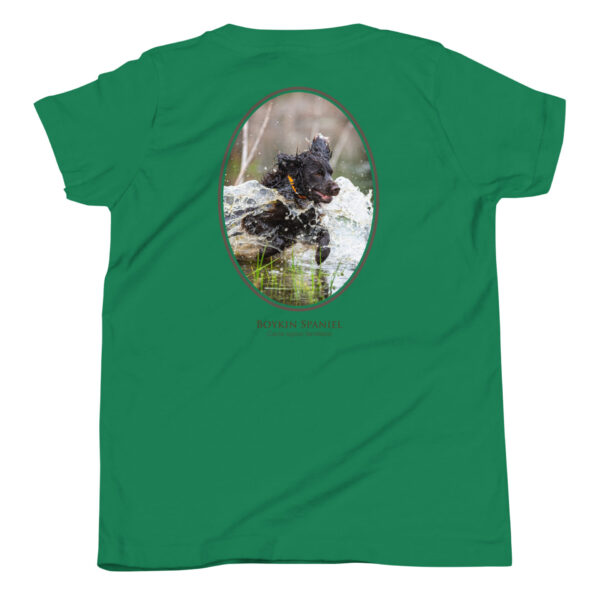 youth-staple-tee-kelly-back-69a6e26fa07ff.jpg Green shirt with Boykin Spaniel image on back.