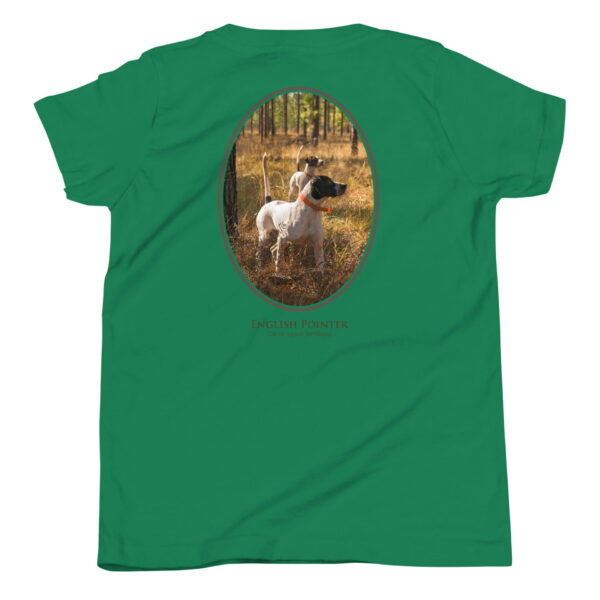youth-staple-tee-kelly-back-69a6e3e7b8f96.jpg Green t-shirt with English Pointer graphic