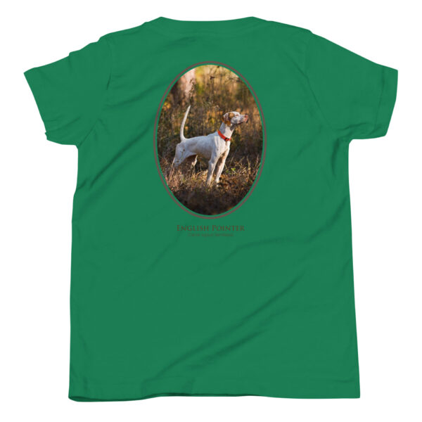 youth-staple-tee-kelly-back-69a6e47f19a4c.jpg Green shirt with English Pointer design