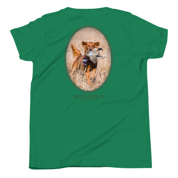 youth-staple-tee-kelly-back-69a6e52c16ee4.jpg Green shirt with retriever hunting design