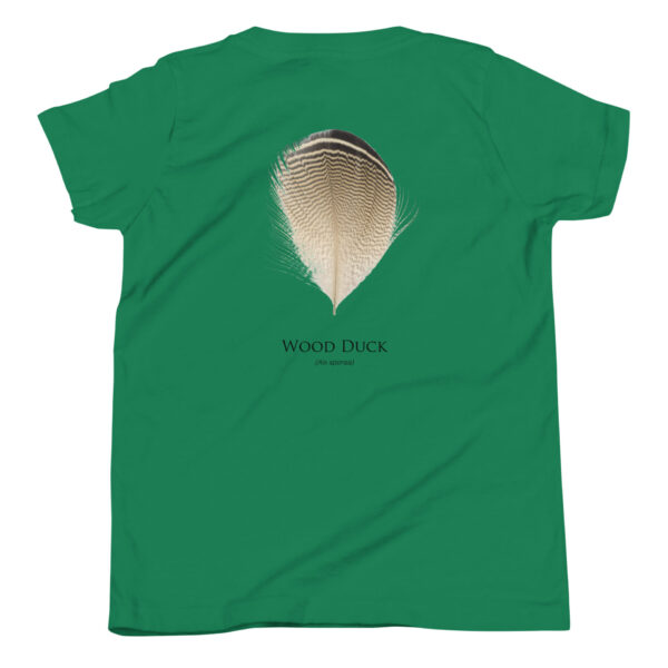 youth-staple-tee-kelly-back-69a6e77a1bbc9.jpg Green t-shirt featuring a wood duck feather design.