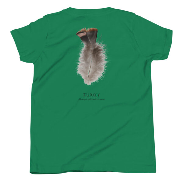 youth-staple-tee-kelly-back-69a6e84d8a2b8.jpg Green shirt with turkey feather design.