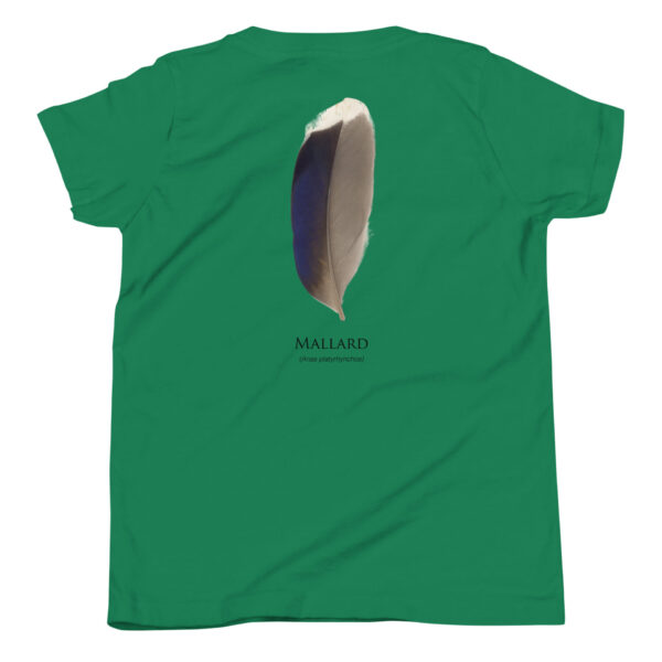 youth-staple-tee-kelly-back-69a6e90bce9d2.jpg Green shirt displaying a mallard feather illustration.