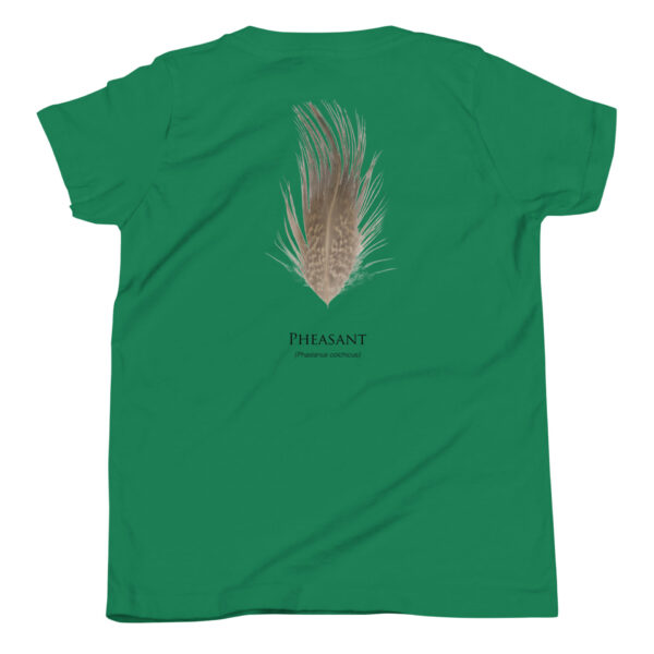 youth-staple-tee-kelly-back-69a6e9c3154e6.jpg Green t-shirt with a pheasant feather design.