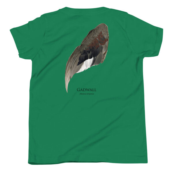 youth-staple-tee-kelly-back-69a6eb045460e.jpg Green shirt with Gadwall bird wing illustration.