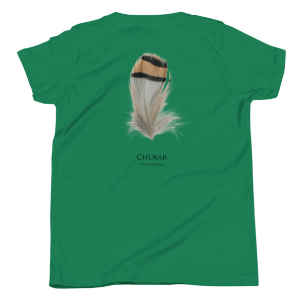 youth-staple-tee-kelly-back-69a6ebb198248.jpg Green T-shirt with Chukar feather illustration.