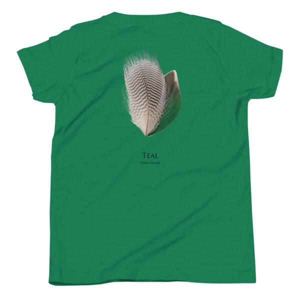 youth-staple-tee-kelly-back-69a6ed038f83c.jpg Green shirt with teal feather design