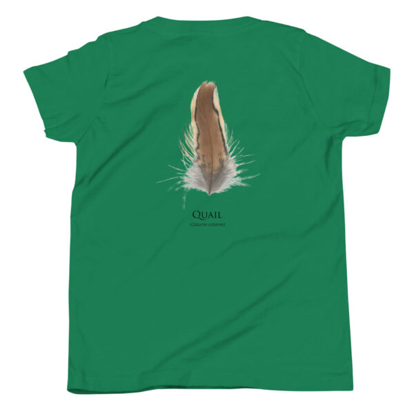 youth-staple-tee-kelly-back-69a6ed9fbc694.jpg Green shirt with quail feather illustration