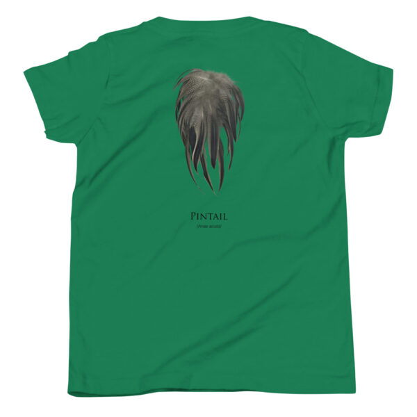youth-staple-tee-kelly-back-69a6ee820362c.jpg Green T-shirt with Pintail feather design.