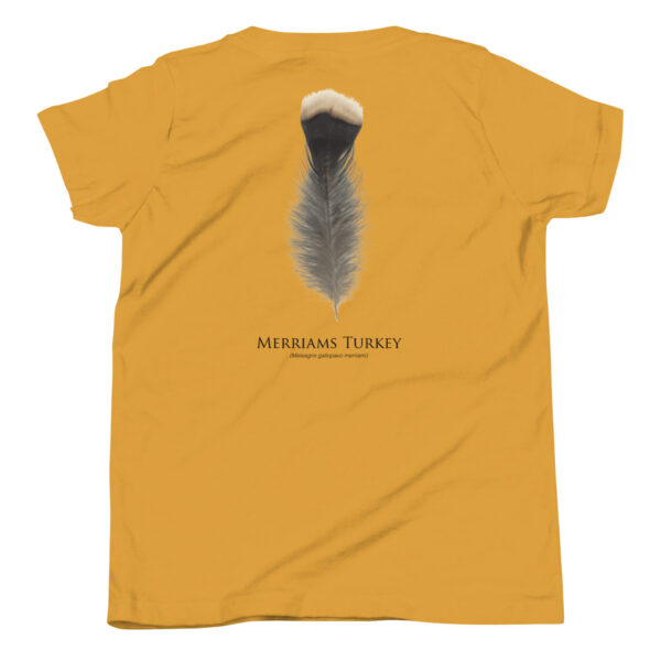 youth-staple-tee-mustard-back-69a6dc4b66ff4.jpg Yellow t-shirt with Merriam's Turkey feather design.