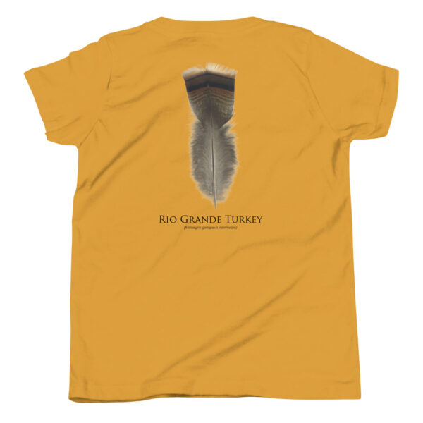 youth-staple-tee-mustard-back-69a6de9887536.jpg Yellow shirt with Rio Grande Turkey feather design.