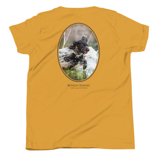 Boykin Spaniel running through water on yellow shirt.