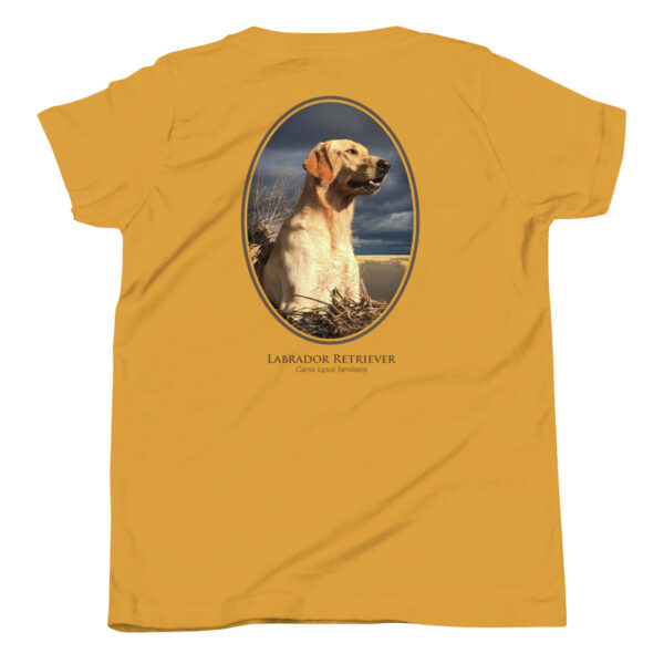 youth-staple-tee-mustard-back-69a6e331901d7.jpg Yellow t-shirt with Labrador Retriever image