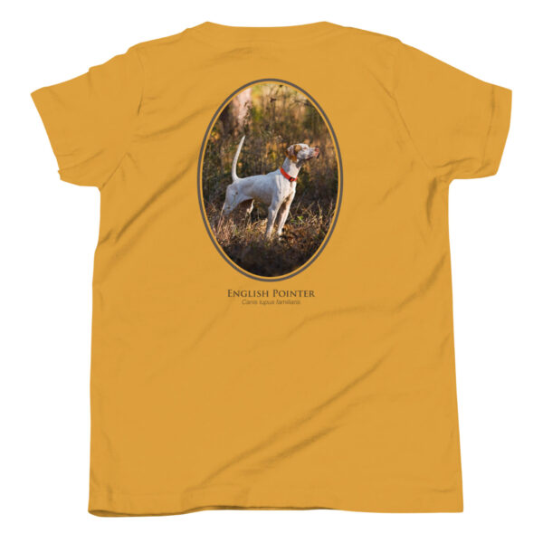 youth-staple-tee-mustard-back-69a6e47f19abc.jpg Yellow T-shirt with English Pointer dog design
