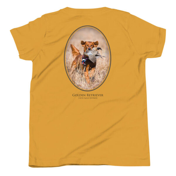 youth-staple-tee-mustard-back-69a6e52c16f54.jpg Golden Retriever shirt with hunting dog illustration.