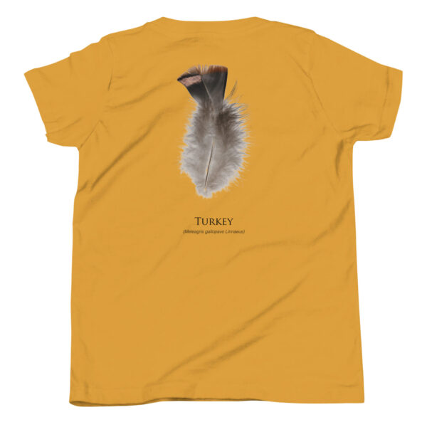 youth-staple-tee-mustard-back-69a6e84d8a329.jpg Yellow t-shirt with turkey feather design