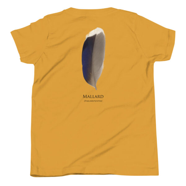 youth-staple-tee-mustard-back-69a6e90bcea47.jpg Yellow shirt with mallard feather design